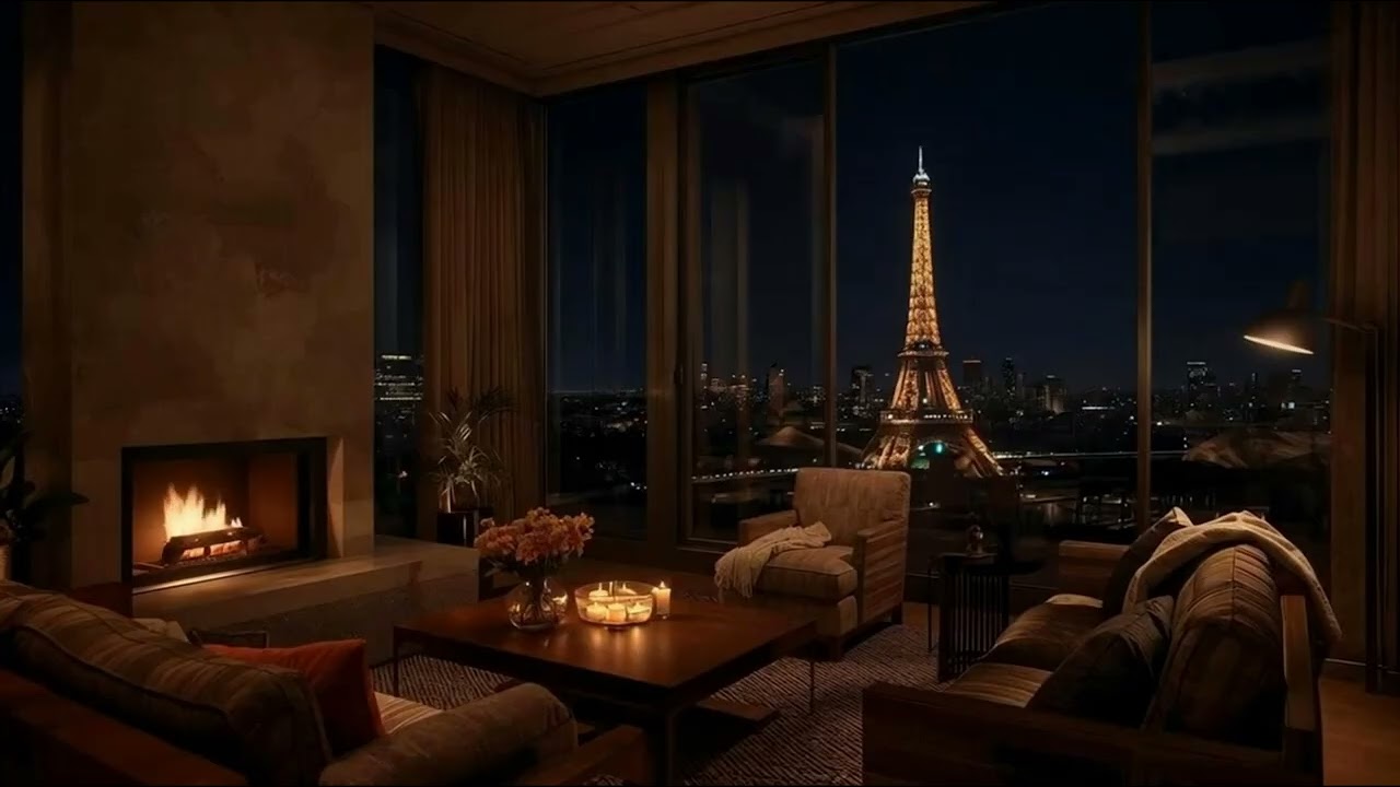 Paris Night Fireplace Jazz ☕🔥 | Cozy Apartment View of Eiffel Tower | Relaxing Jazz Ambience