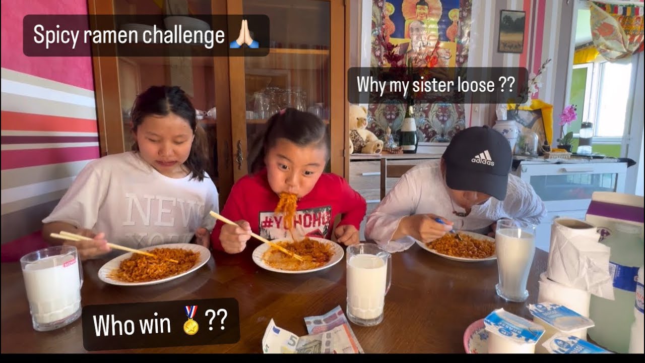 Spicy ramen challenge who win and why my sister didn’t win 🥇 #tibetan