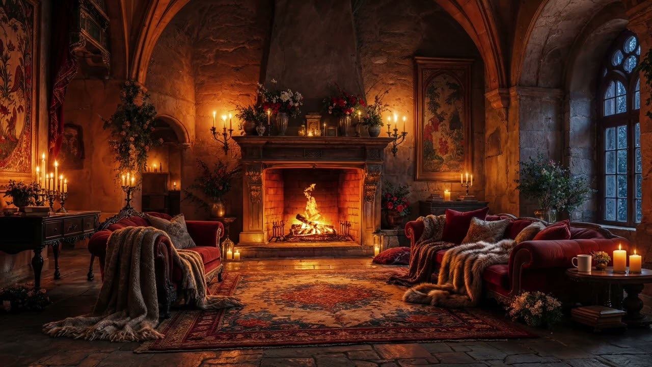 💖 Relaxing Castle Room at Night – Soft Crackling Fire for Deep Relaxation