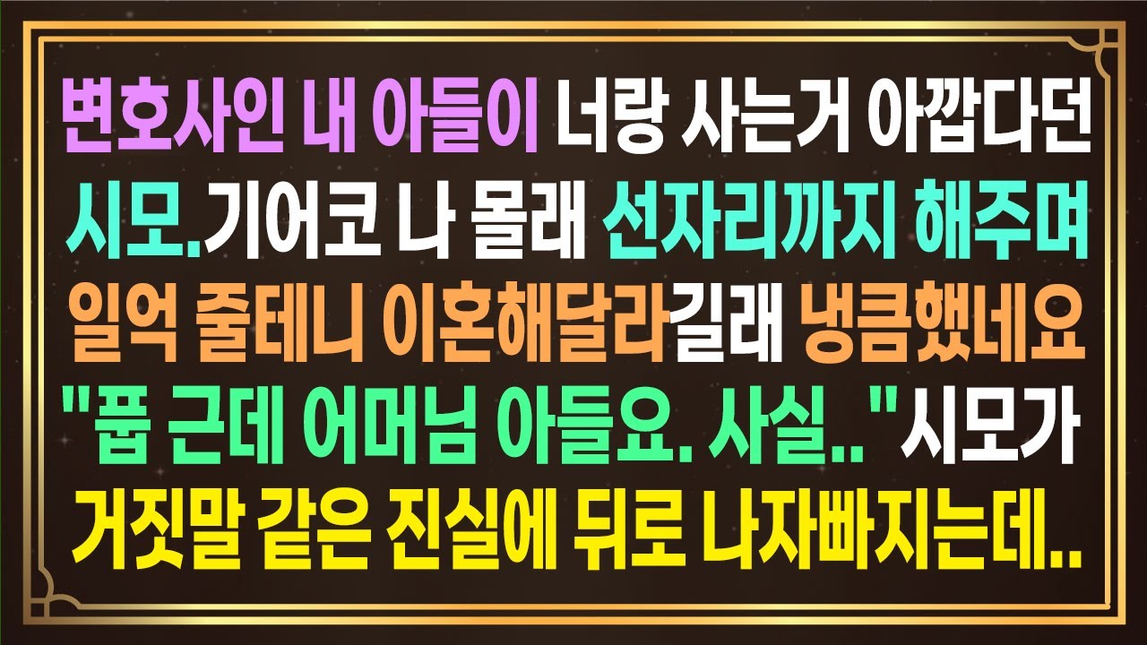 변호사 내아들 너랑사는거 아깝다던 시모. 저몰래 남편한테 선자리까지 해줬네요?일억줄테니 이혼 하라길래 냉큼 했습니다.
