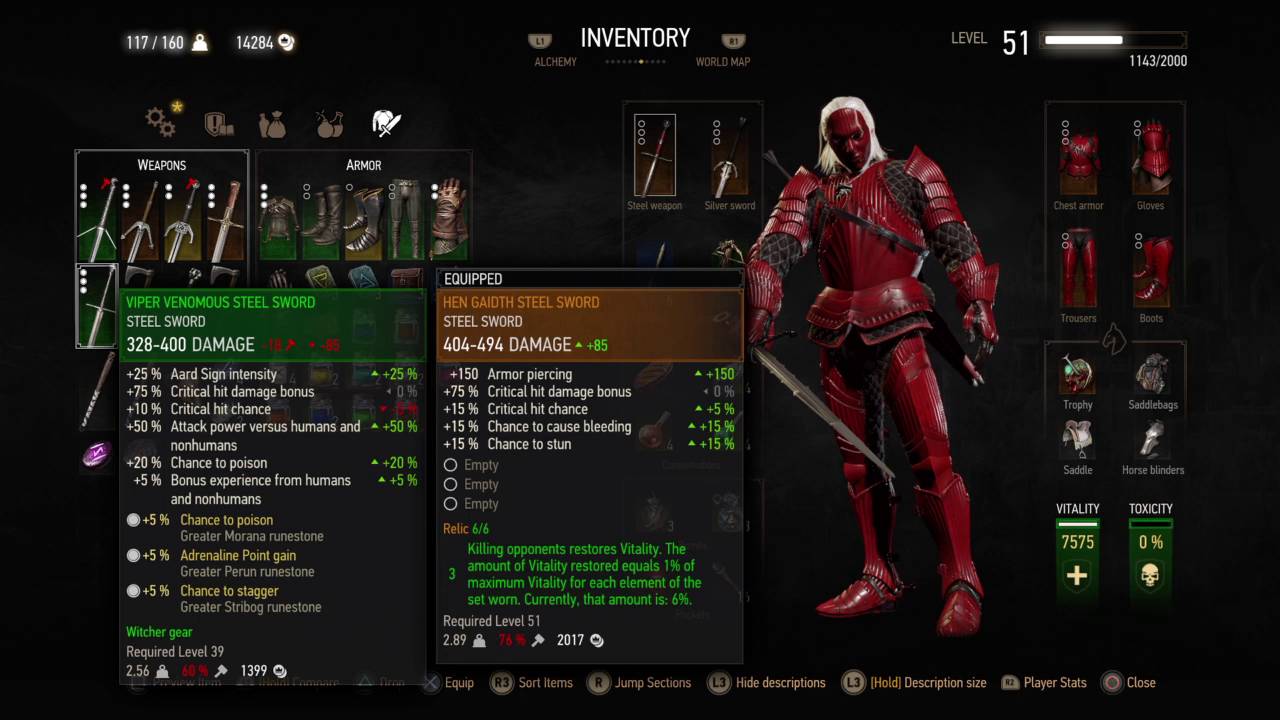 Witcher 3 Blood & Wine best level-scaling Relics: the Hen Gaidth Armor Set & Steel Sword