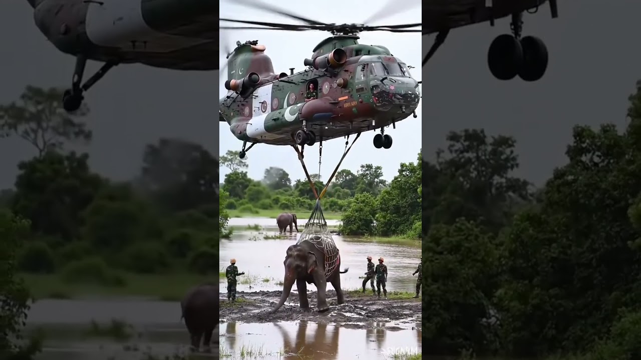 Pakistani Army help flooded alephent with helecapter #pakistan#army