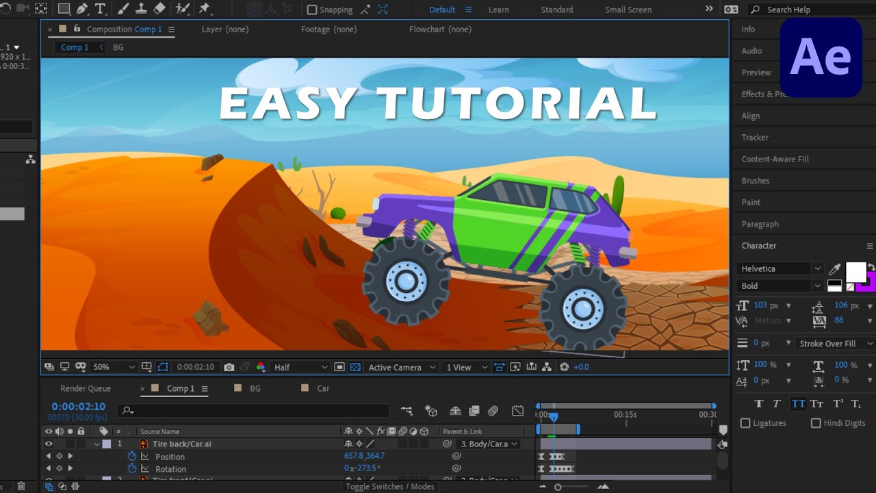 2D Animation Tutorial - How to animate a monster truck climbing hill | Adobe after effects