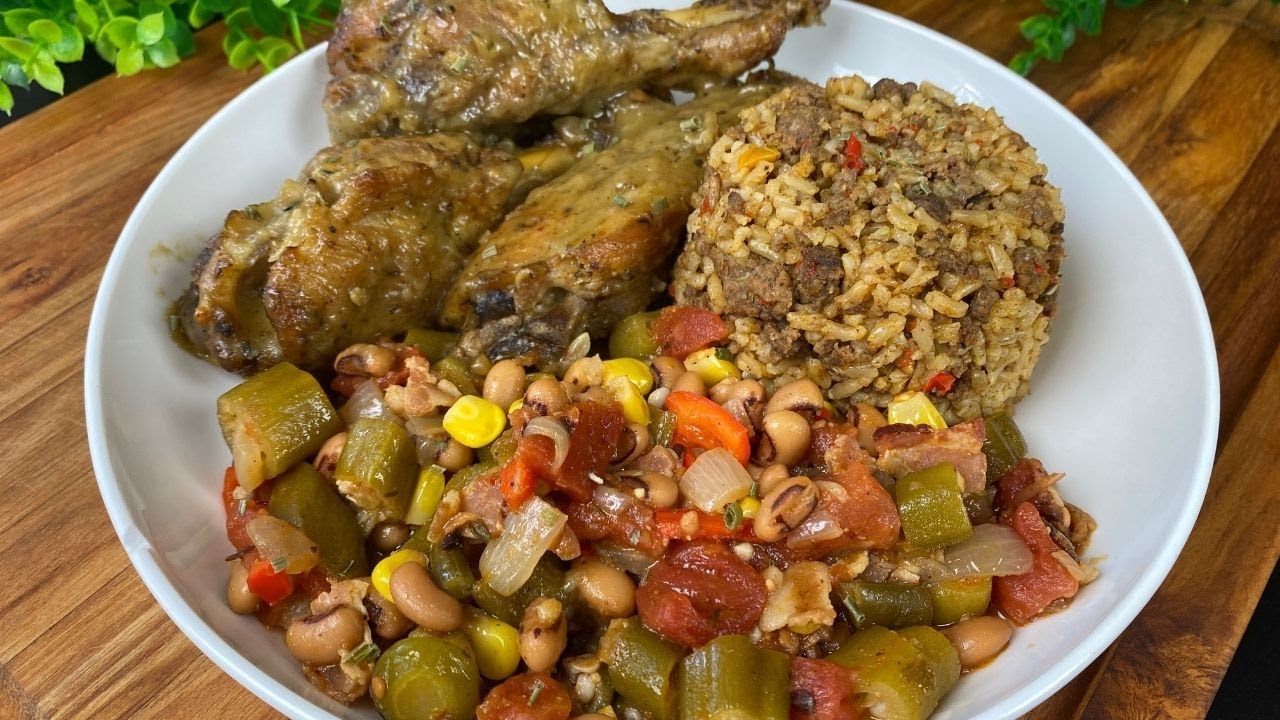 FULL DINNER ! Turkey & Gravy, Dirty Rice, Okra w/ Corn, Tomatoes, and Black Eye Peas