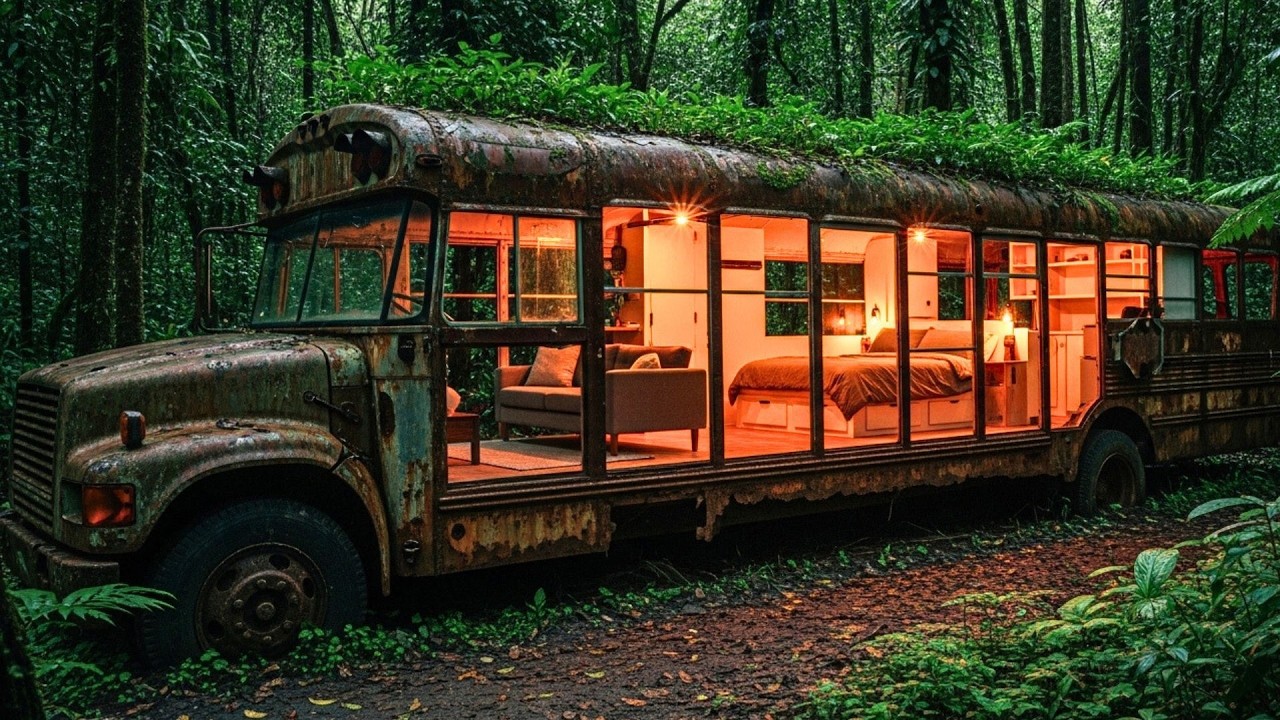 Abandoned Bus Becomes a Stunning Jungle Home – Full ASMR Transformation