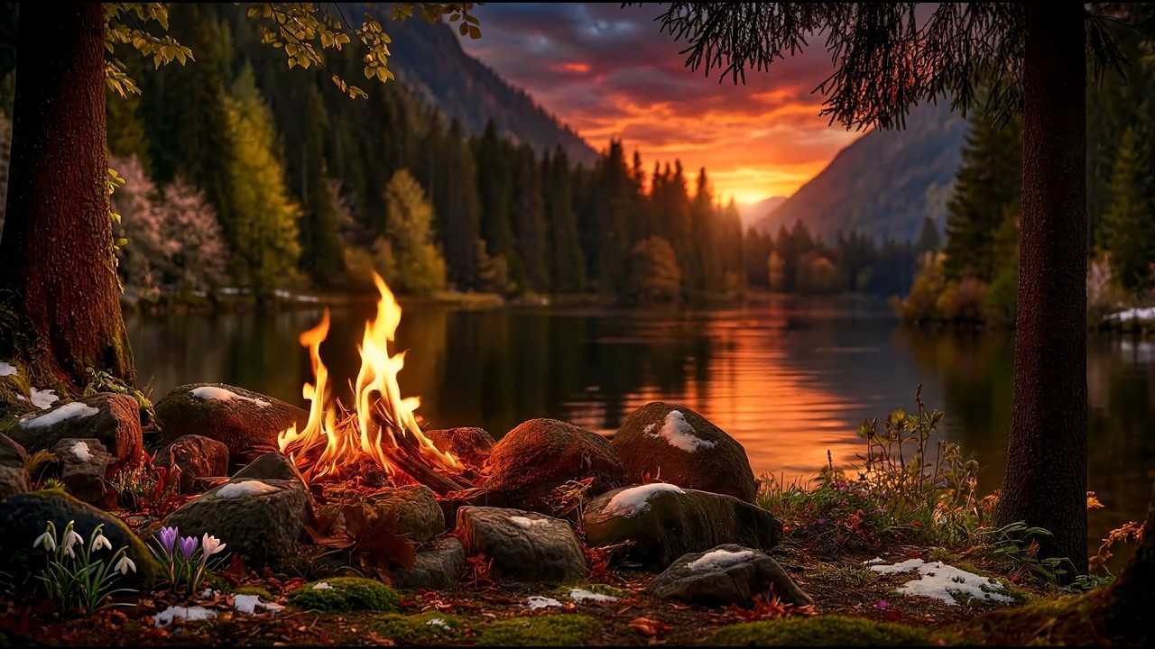 You’re Sitting by a Campfire on a Mountain Lake Shore at Sunset 🔥🌄