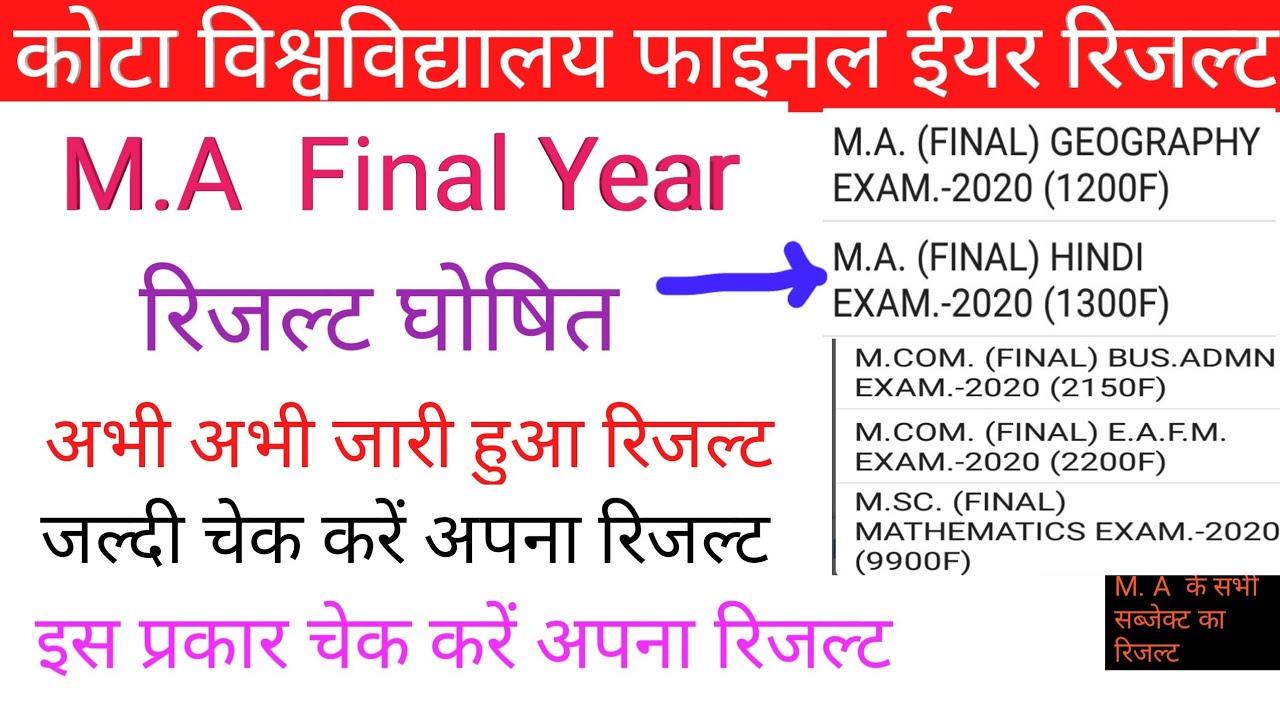 Kota University M.A Final Year Result 2020.UOK.M.A Geography. Hindi Final Year result 2020.