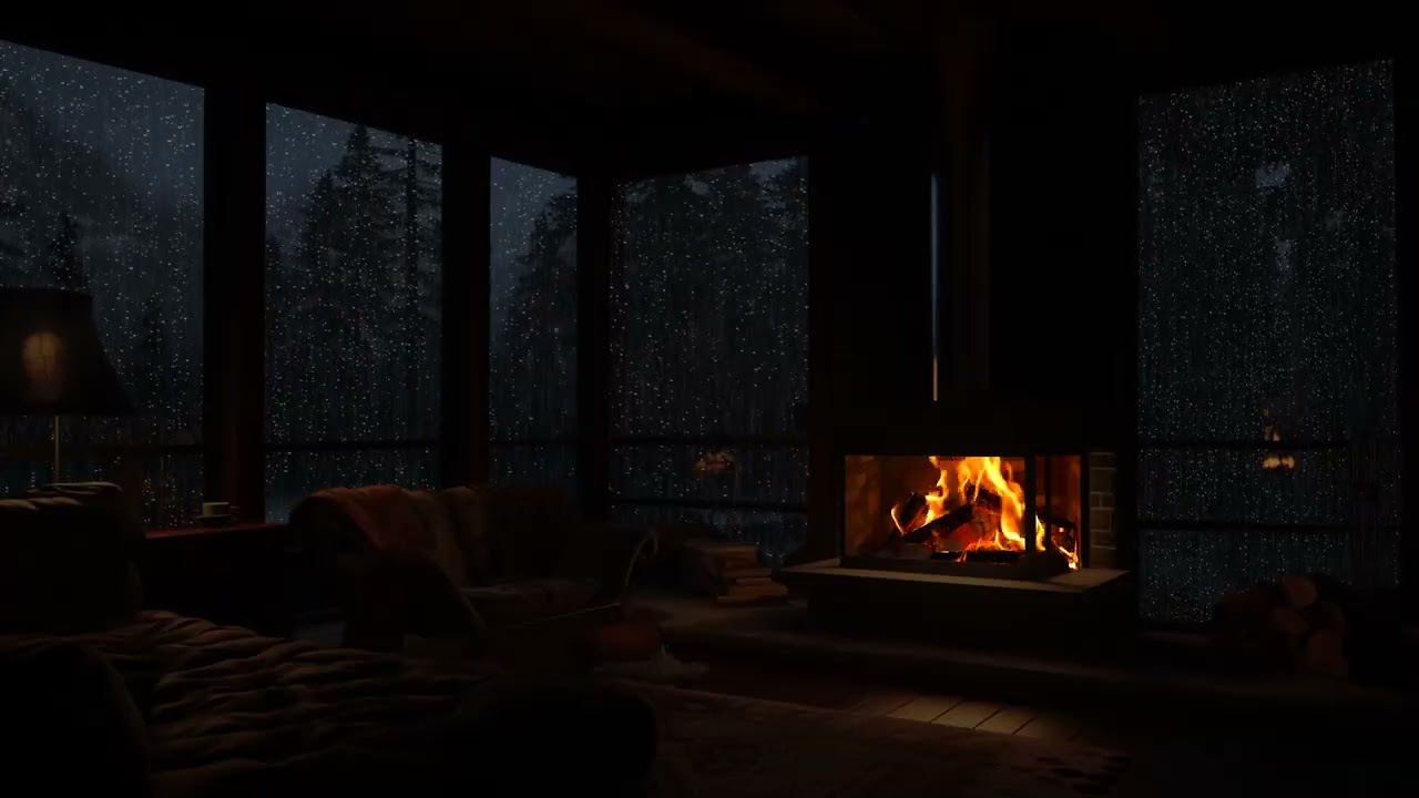 Deep Night Rain in a Remote Forest 🌧️ Warm Cabin Fire Ambience for Healing Sleep