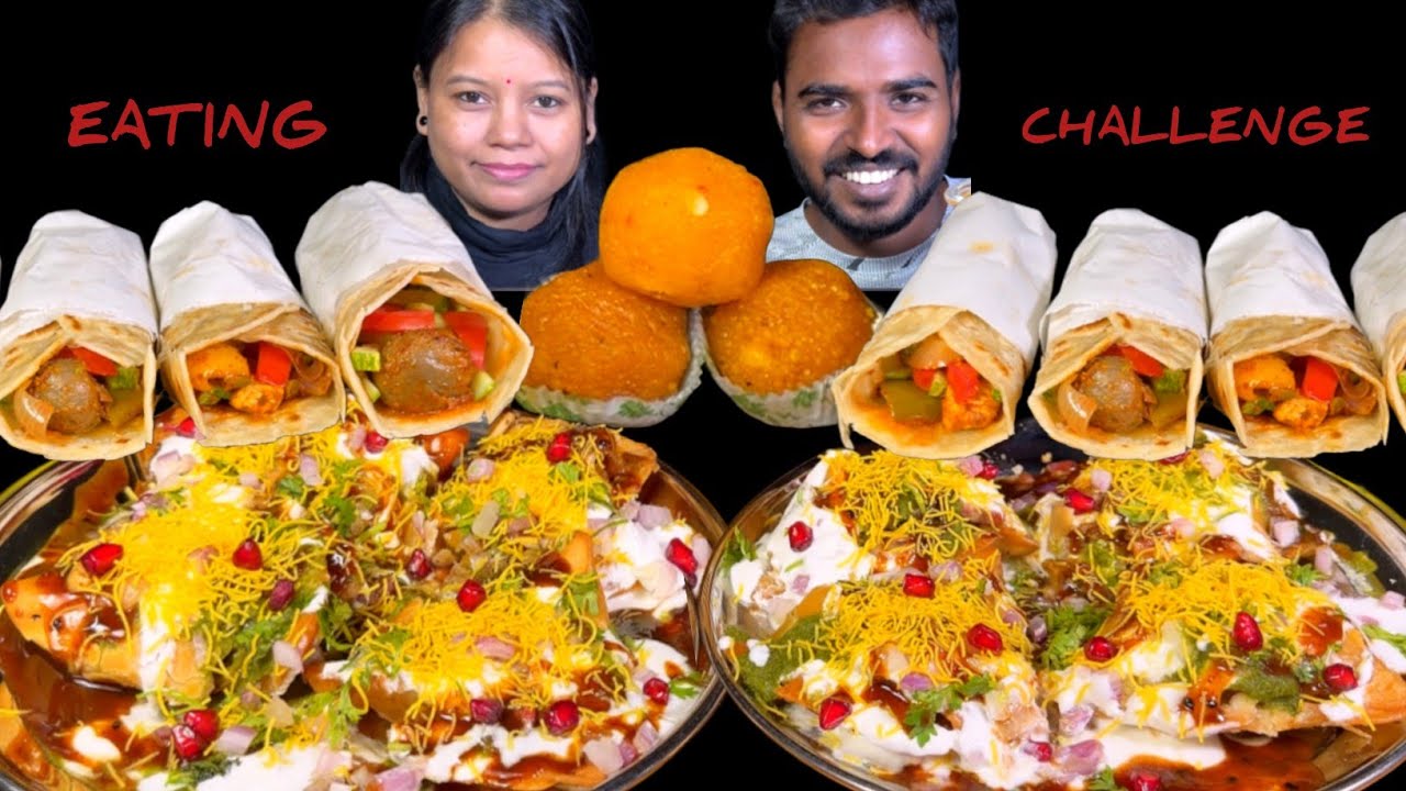 Samosa Chaat, Mushroom Tikka Roll, Paneer Tikka Roll & Ladoo Eating Challenge