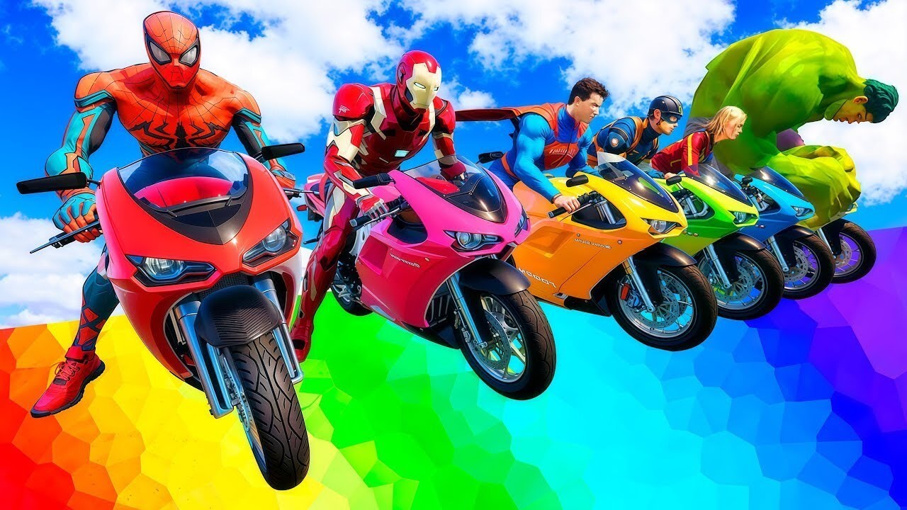 الأبطال الخارقين على القضبان دوامة قمع جسر 🕷️🏍️ RAINBOW SPIDER MAN! on Motorcycle in Spiral Bridge