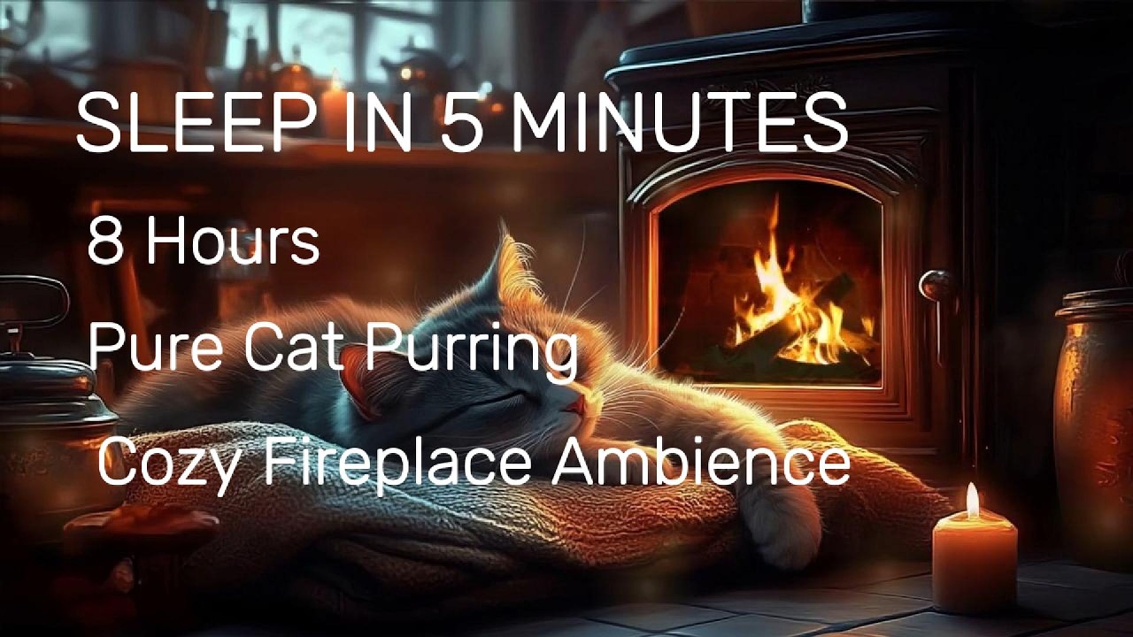 SLEEP IN 5 MINUTES - 8 Hours Pure Cat Purring & Cozy Fireplace Ambience
