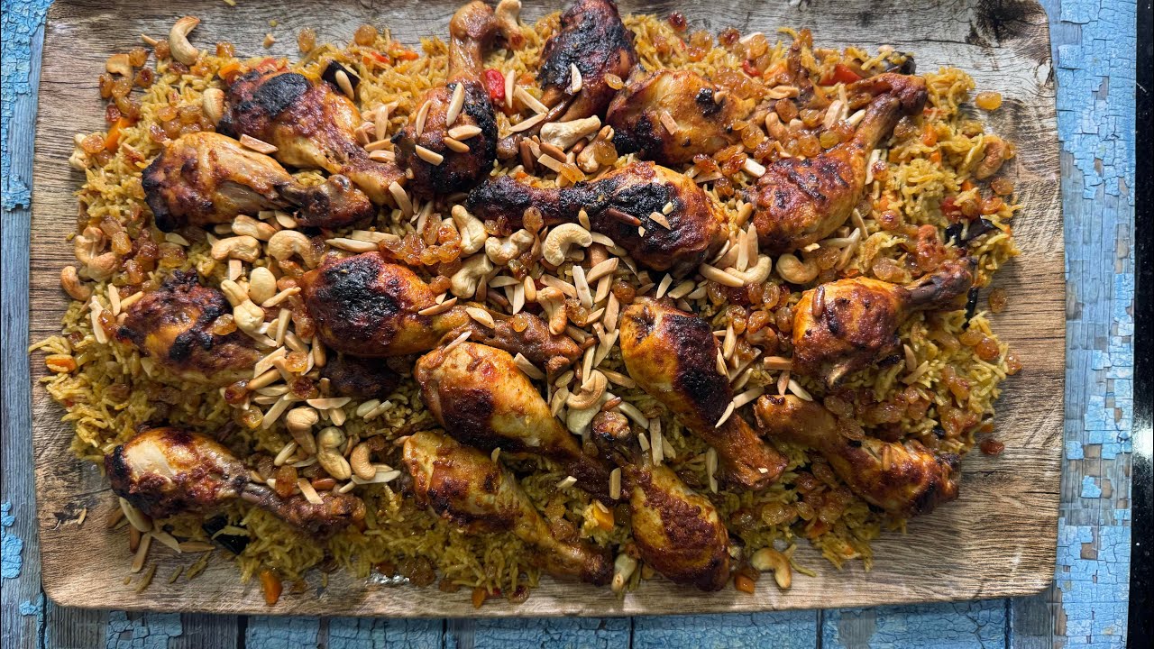 رز كاري بالخضار مع دجاج محمر بالفرن🍆🍗