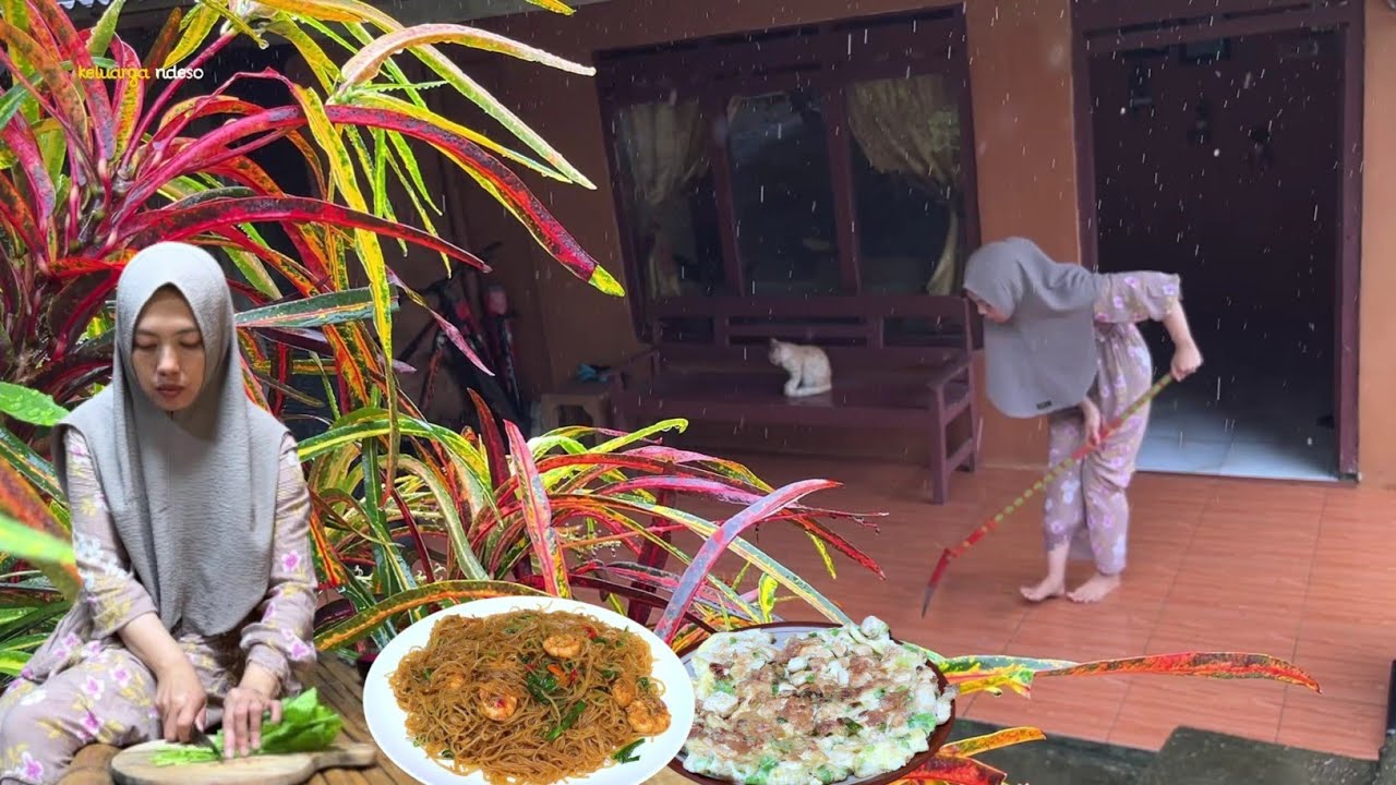 Suasana hujan, masak bihun goreng, tahu telur, untuk sarapan bersama suami , masakan desa 