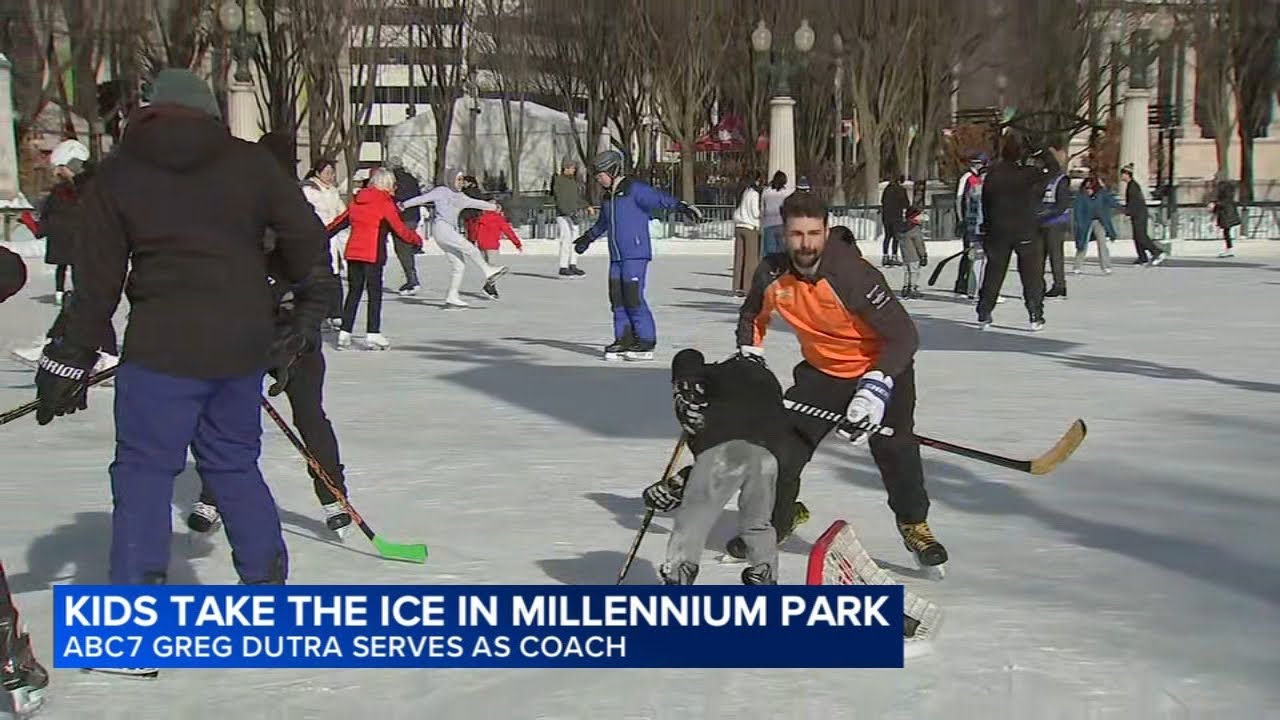 Kids take the ice at Millennium Park, ABC7's Greg Dutra serves as hockey coach