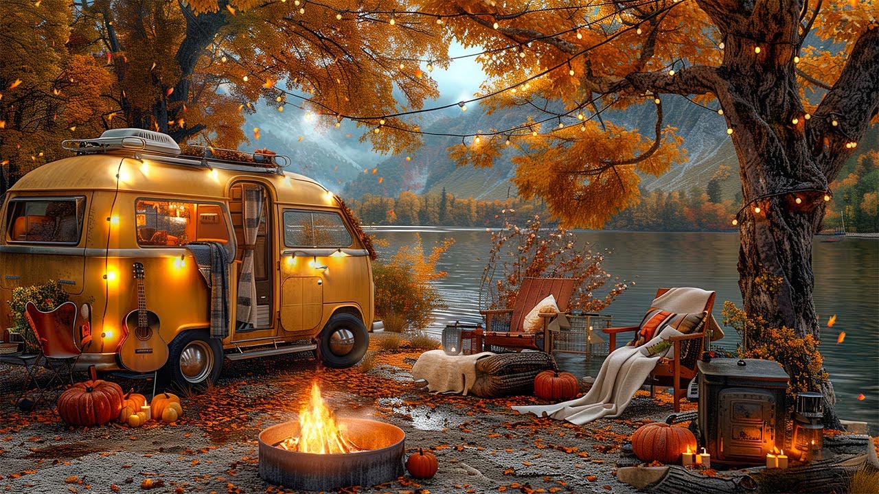 Soft Jazz Guitar Music 🍂 Autumn Lakeside Ambience ~ Warm Jazz Music & Falling Autumn Leaves