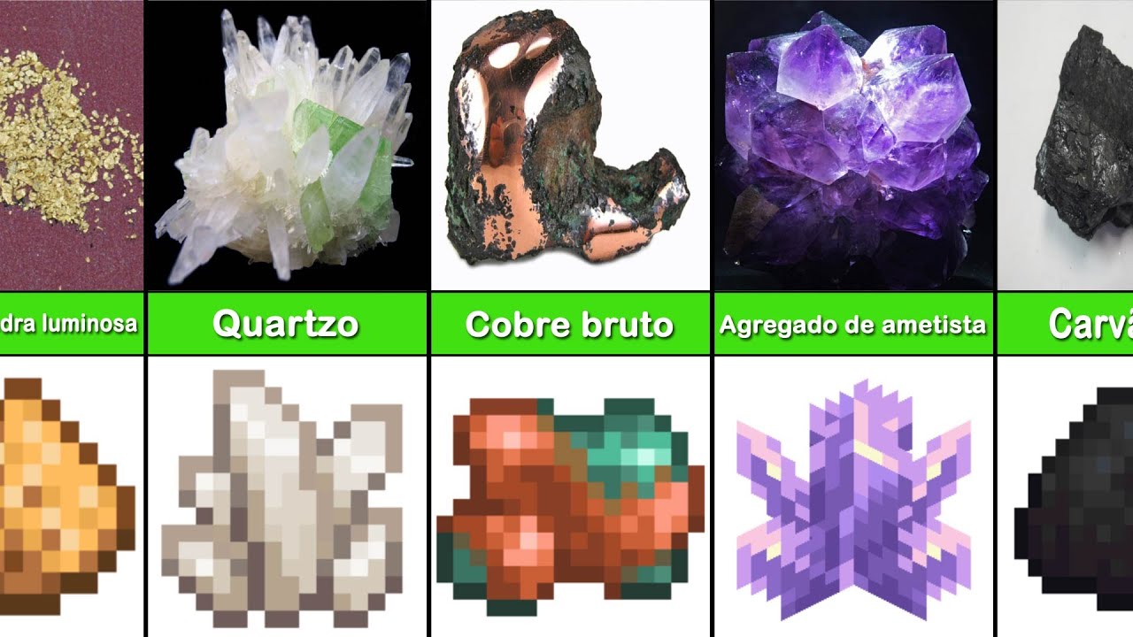 Compara&ccedil;&atilde;o de min&eacute;rios e minerais do Minecraft na vida real (2022)