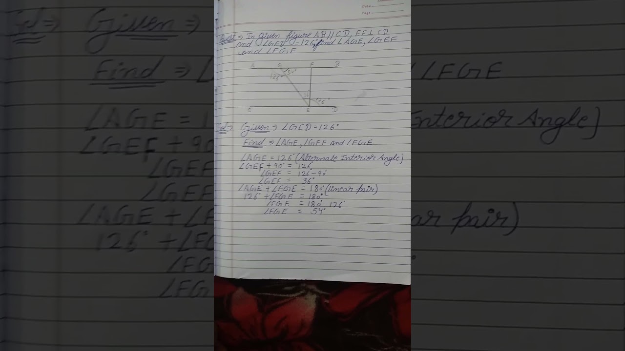 In given figure AB||CD, EF perpendicular CD and angle GED = 126, find angle AGE, GEF, FGE