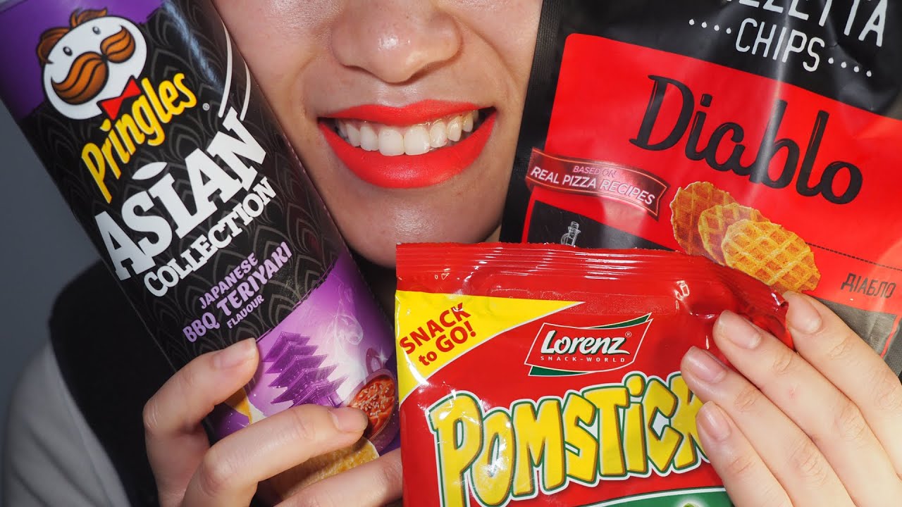 Girl CRASHES Snacks. ASMR Camera close up. Chewed food Warning!