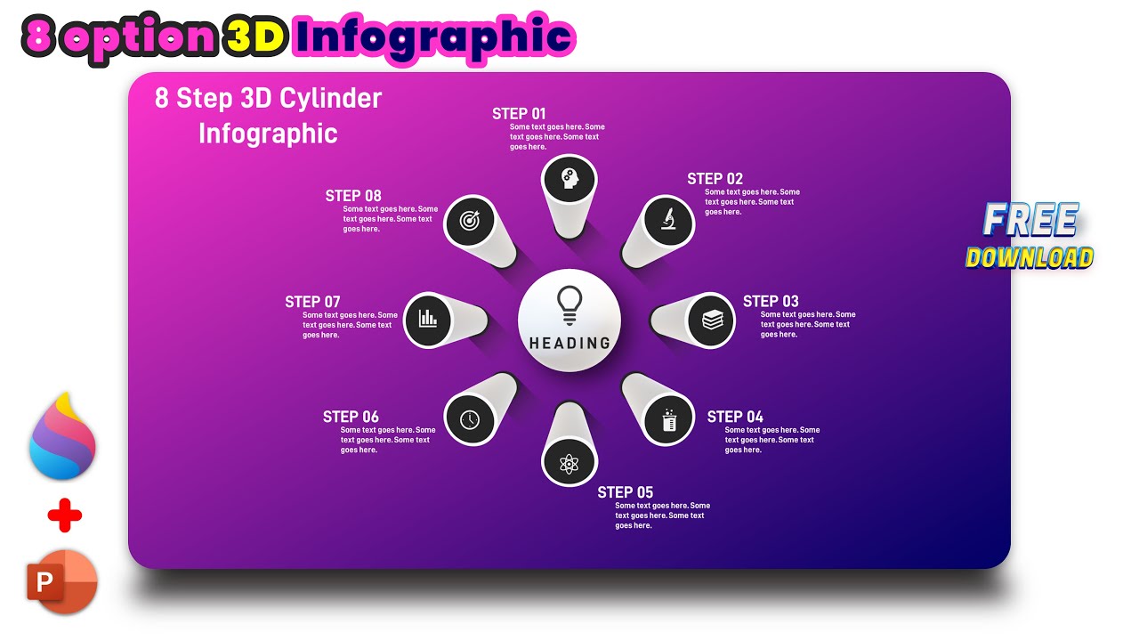 44.PowerPoint 3D Presentation  - 8 Step Pillar Infographic with Paint 3D shapes