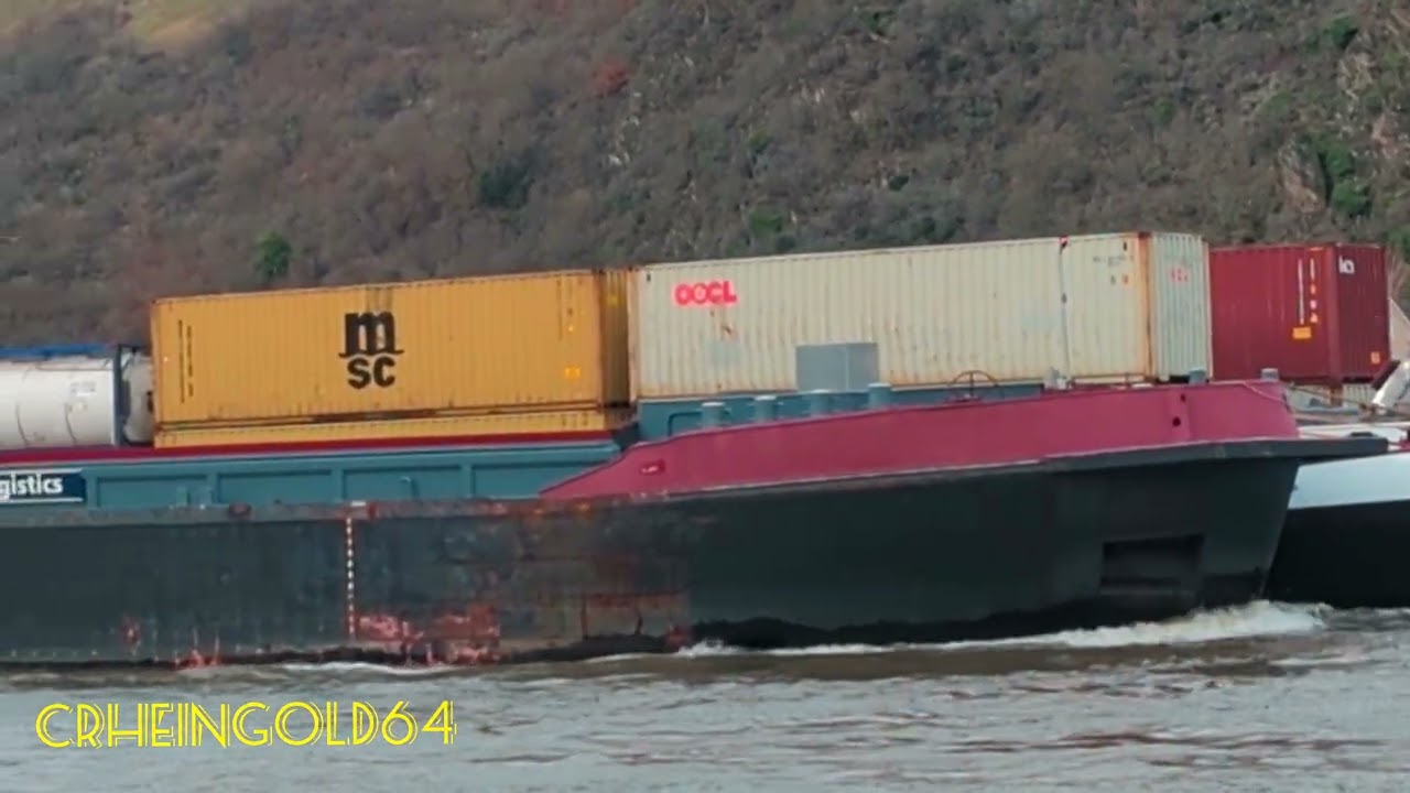 Rheinschifffahrt: MS Mellizo Schubverband mit Poton bei leichten Hochwasser,zu Berg bei St Goar 