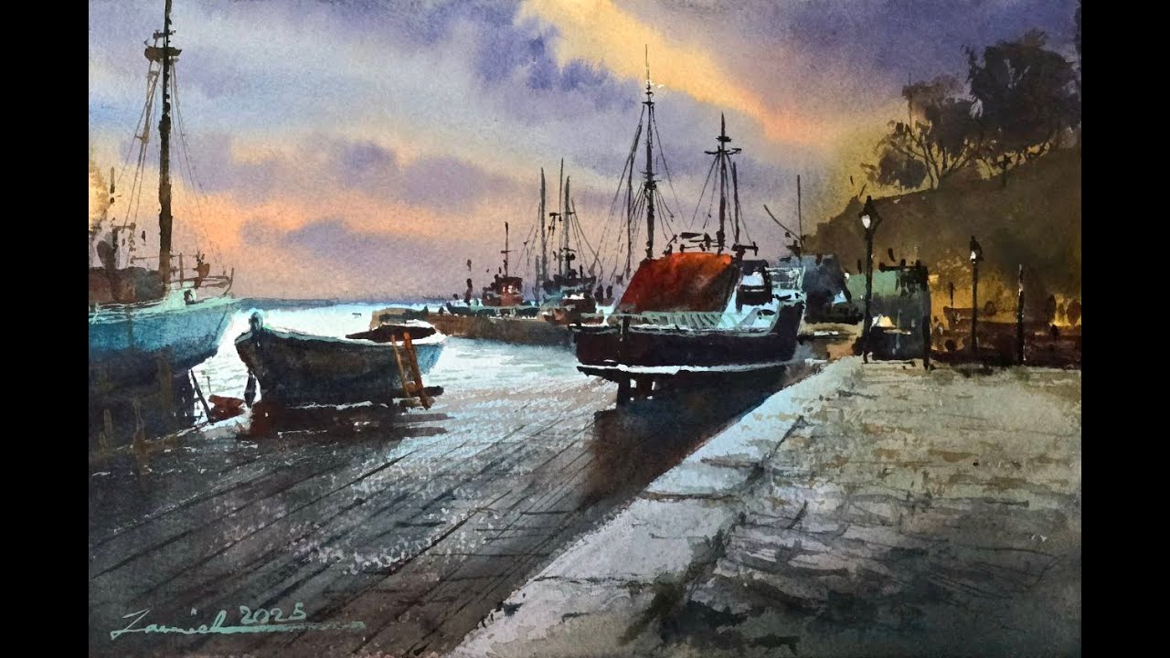 Evening Reflections – A Simple Watercolor Dock Scene