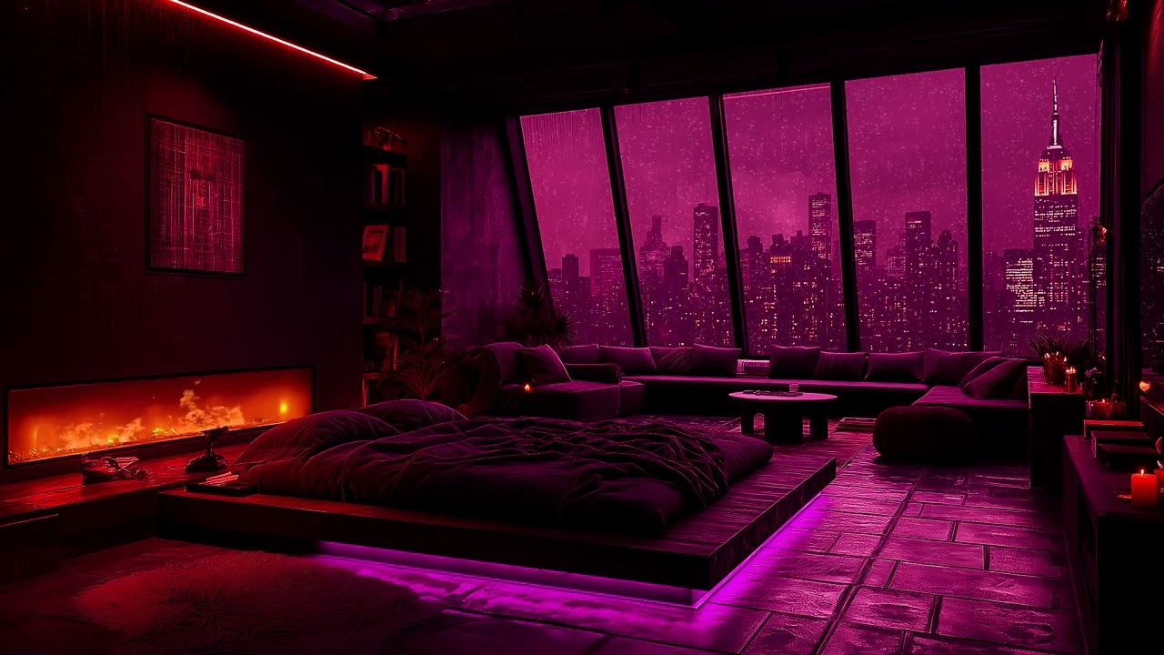 🌩️ Relaxing Stormy Night Vibes in a Modern Bedroom | Smooth Piano & Fireplace Ambience for Sleep