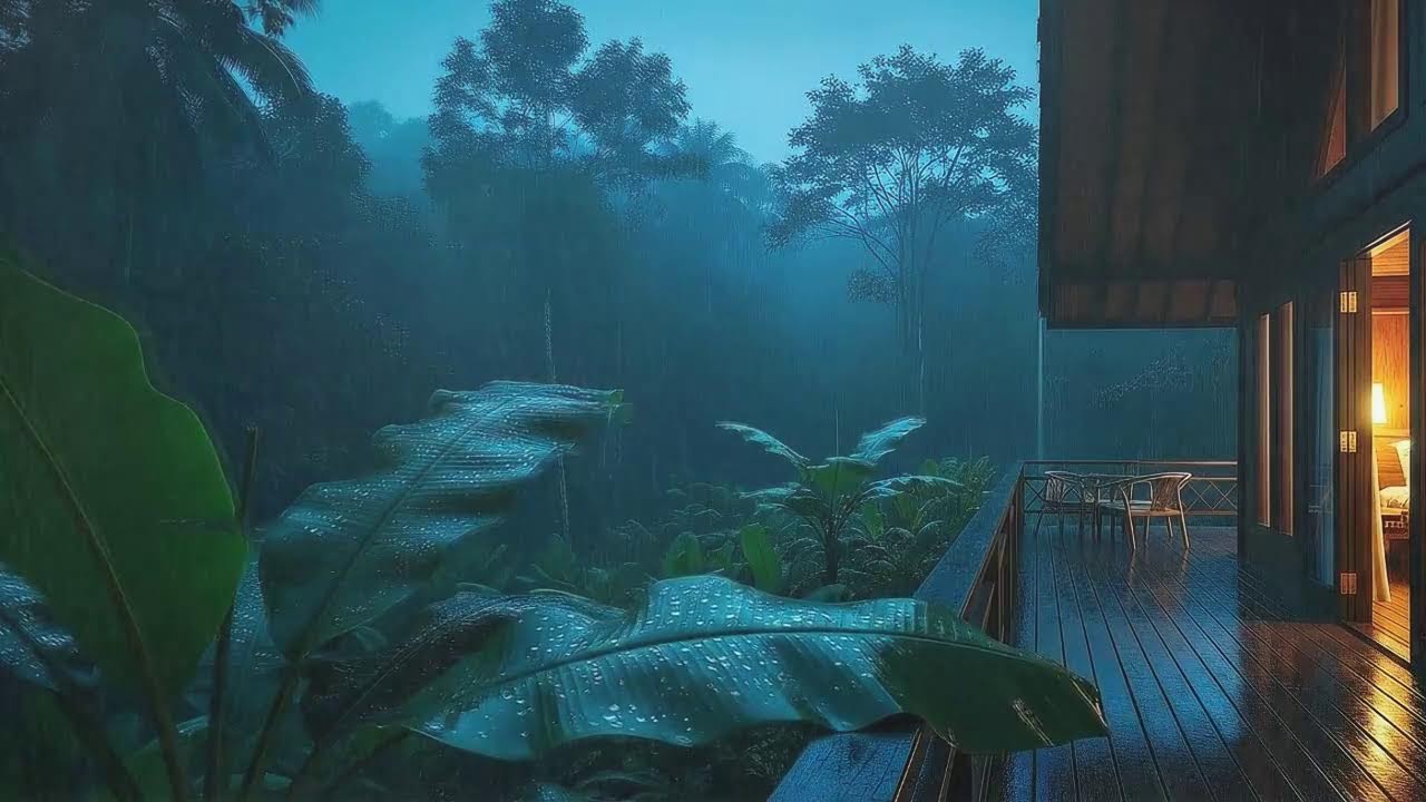 Sleep Now with Calm Rain and Distant Thunder at Forest Cabin Terrace 🌧️
