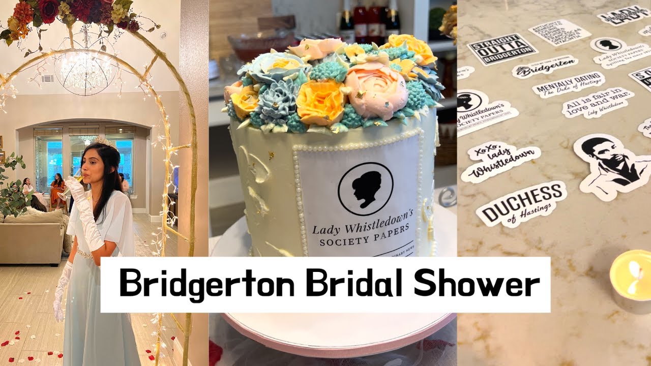 Bridgerton Themed Bridal Shower 2023; Lady Whistledown cake; Needle & Thread dress