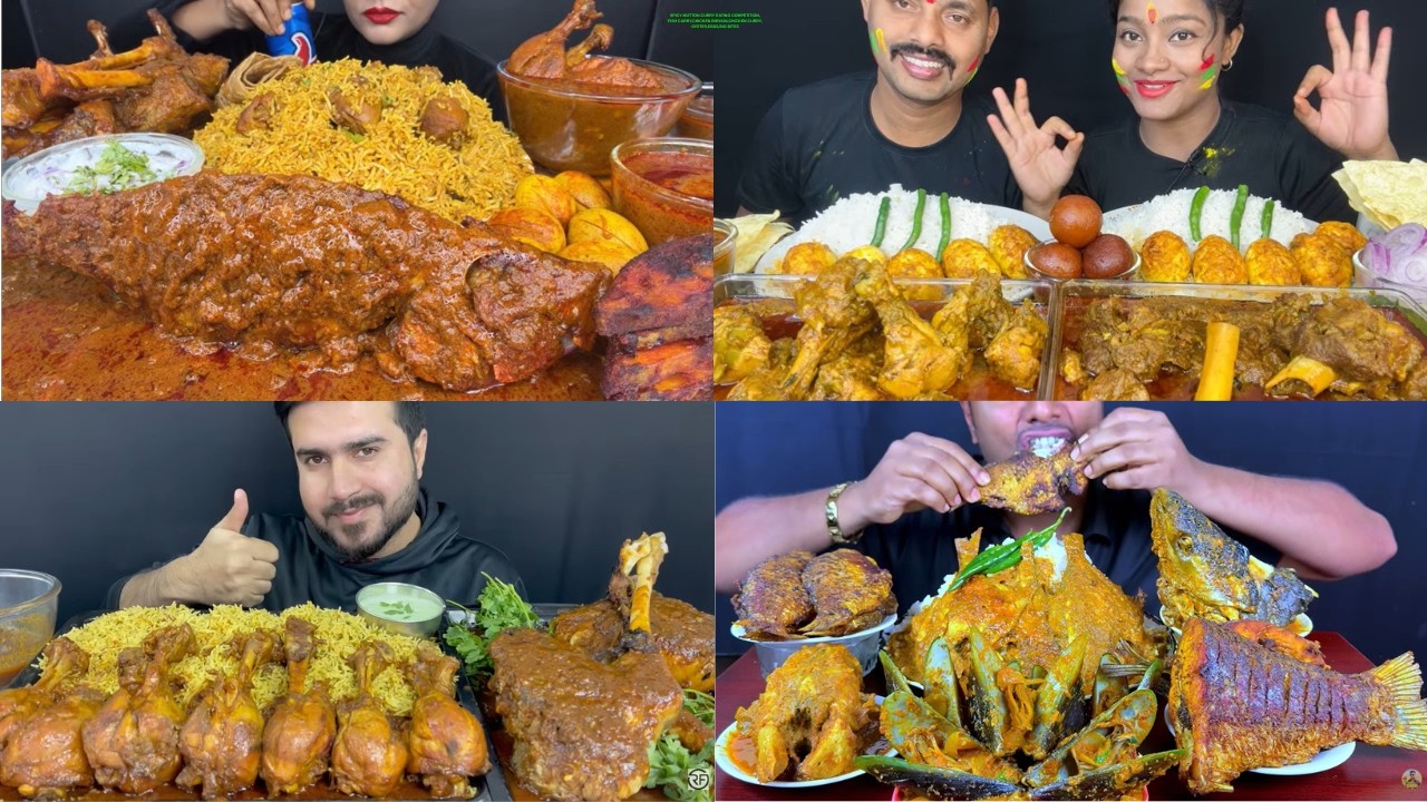 SPICY MUTTON CURRY EATING COMPETITION,FISH CURRY,CHICKEN BIRYANI,CHICKEN CURRY,OYSTER,EGGS,BIG BITES