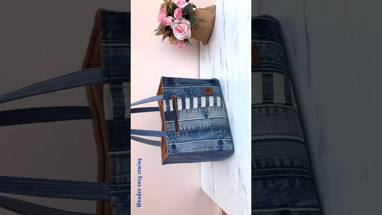 sewing diy denim tote bag from old jeans waist bands #wandeeeasysewing #totebag #diytotebag #recycle