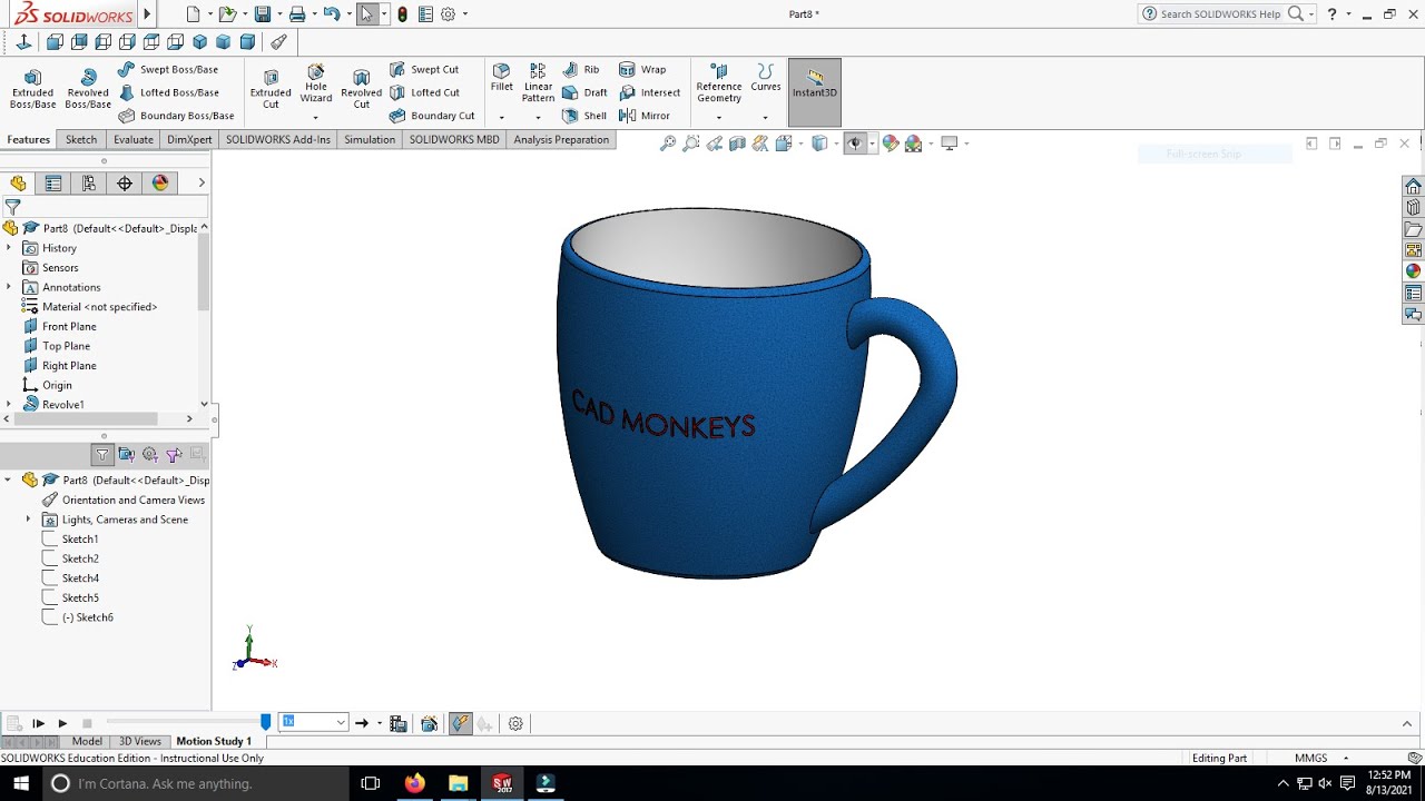 Моделирование кофейной чашки с помощью Solidworks.