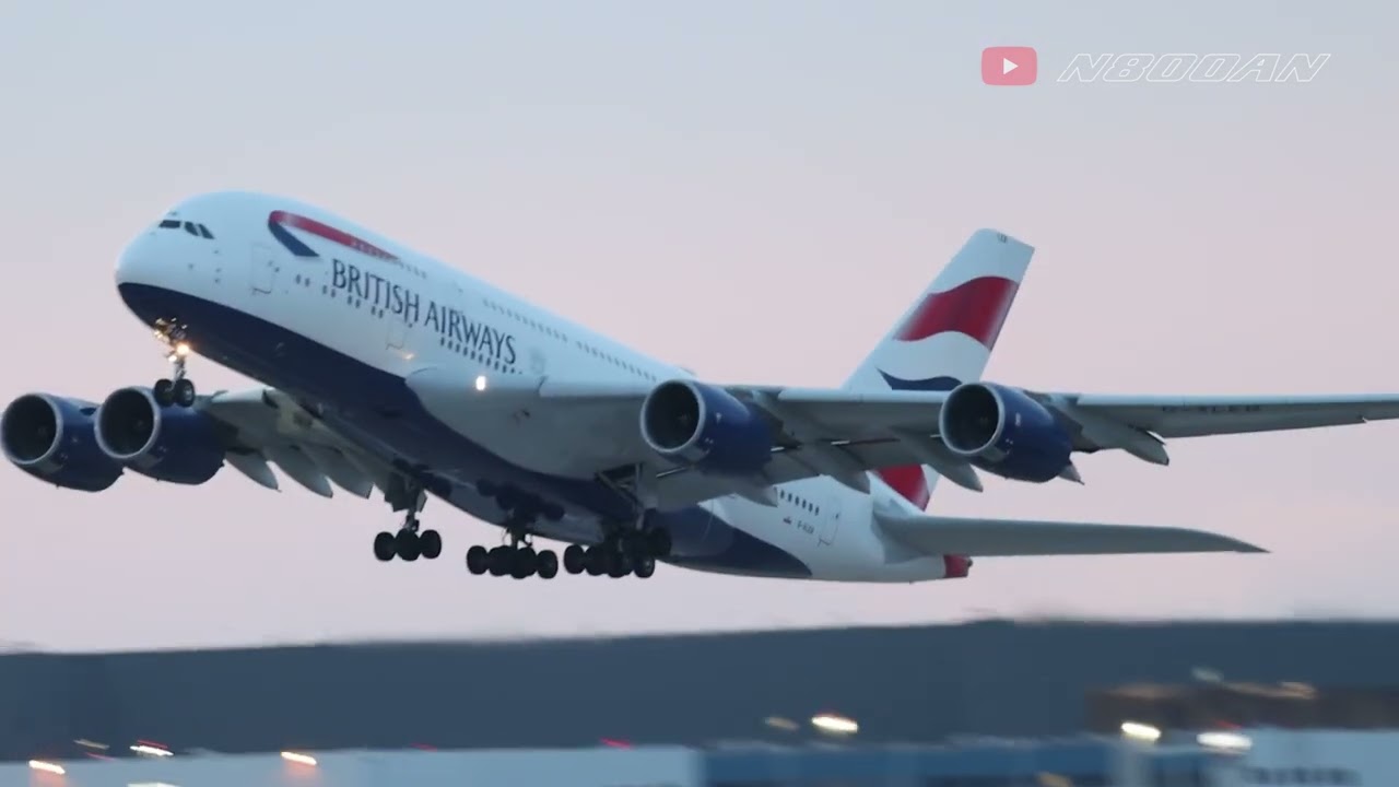 4K British Airways A380 Sunset Takeoff DFW