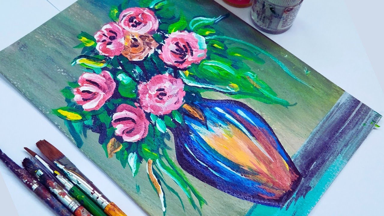 Beautiful Peony Flower Vase Painting Step by Step || Easy Acrylic Painting