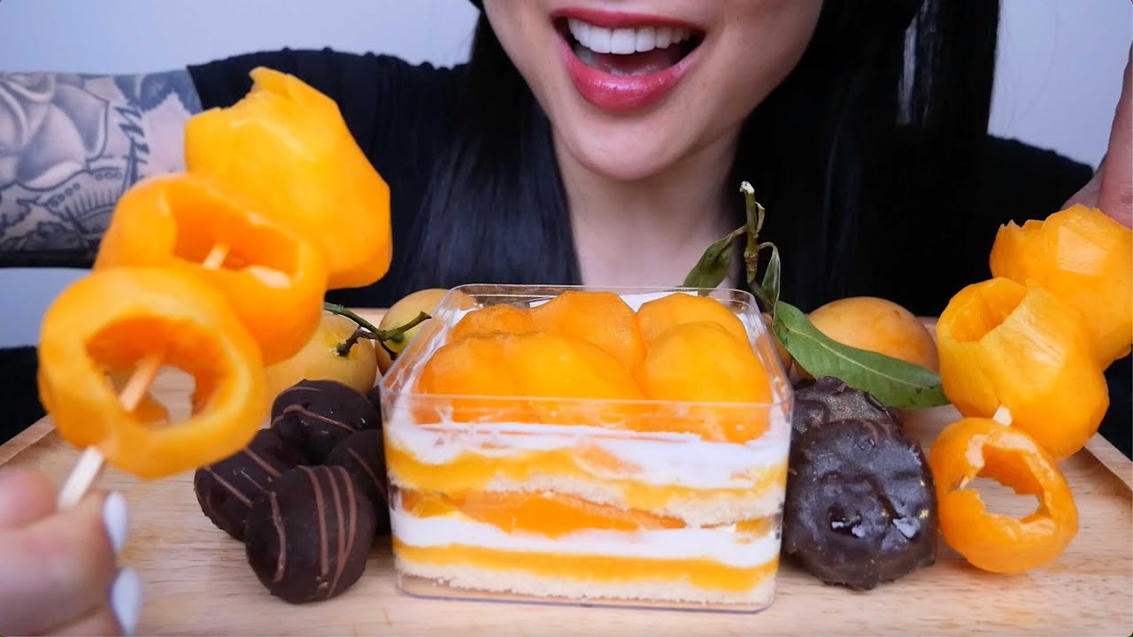MANGO PLUM CUSTARD LAYER CAKE + CHOCOLATE GEM (ASMR EATING SOUNDS) NO TALKING | SAS-ASMR
