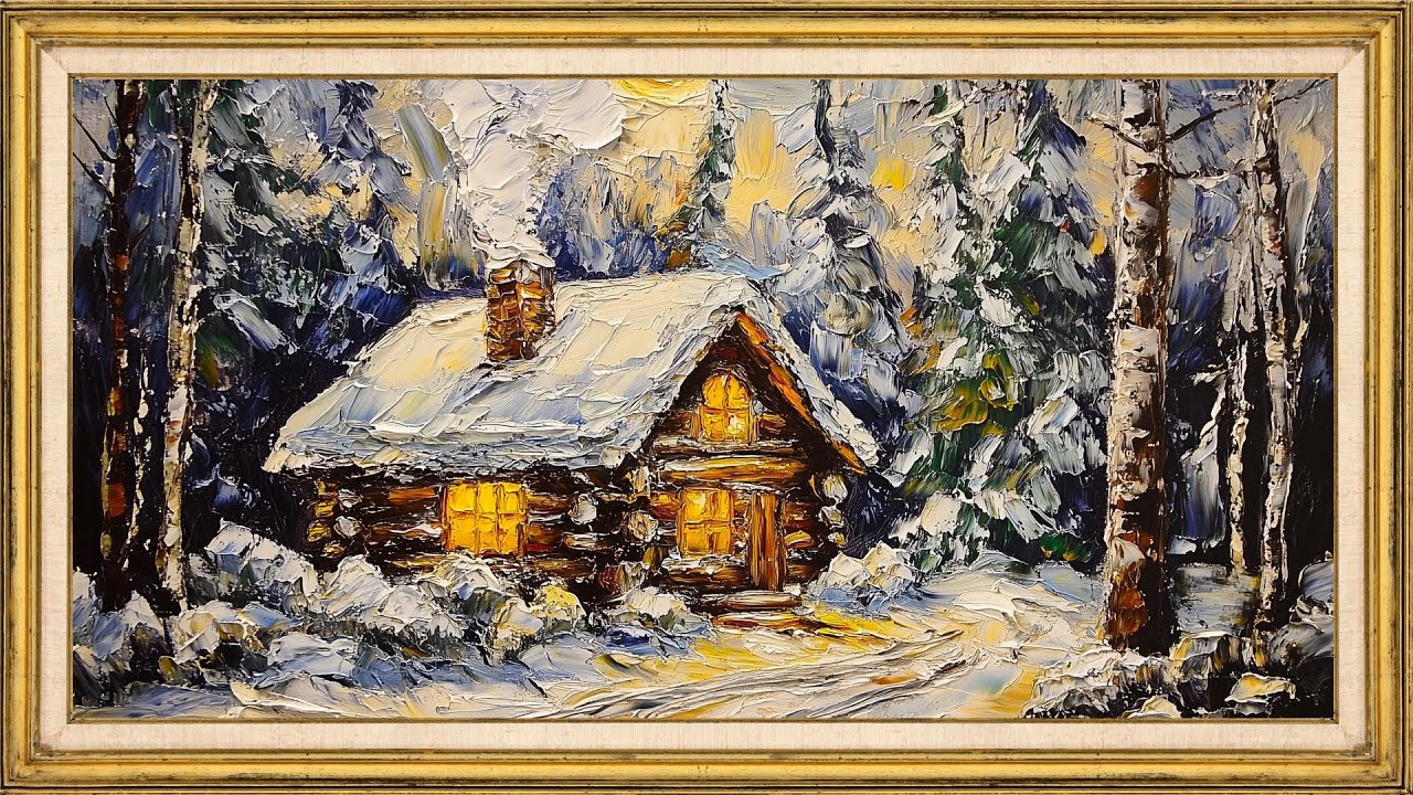 Cozy Winter Cabin Painting ❄️ 2 Hours | TV Frame Art Screensaver | Relaxing Winter Ambience