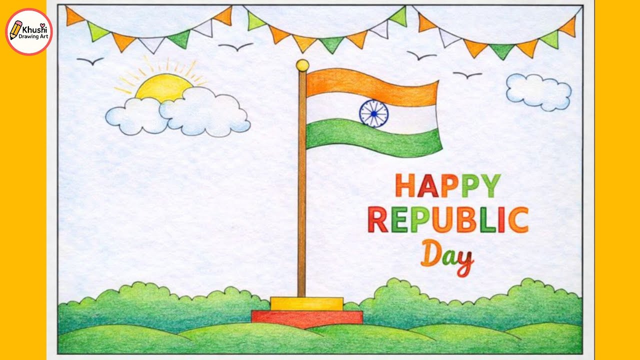 Happy Republic Day Drawing 🇮🇳 | 26 January Special Easy Drawing for Kids | Tricolour Flag Drawing