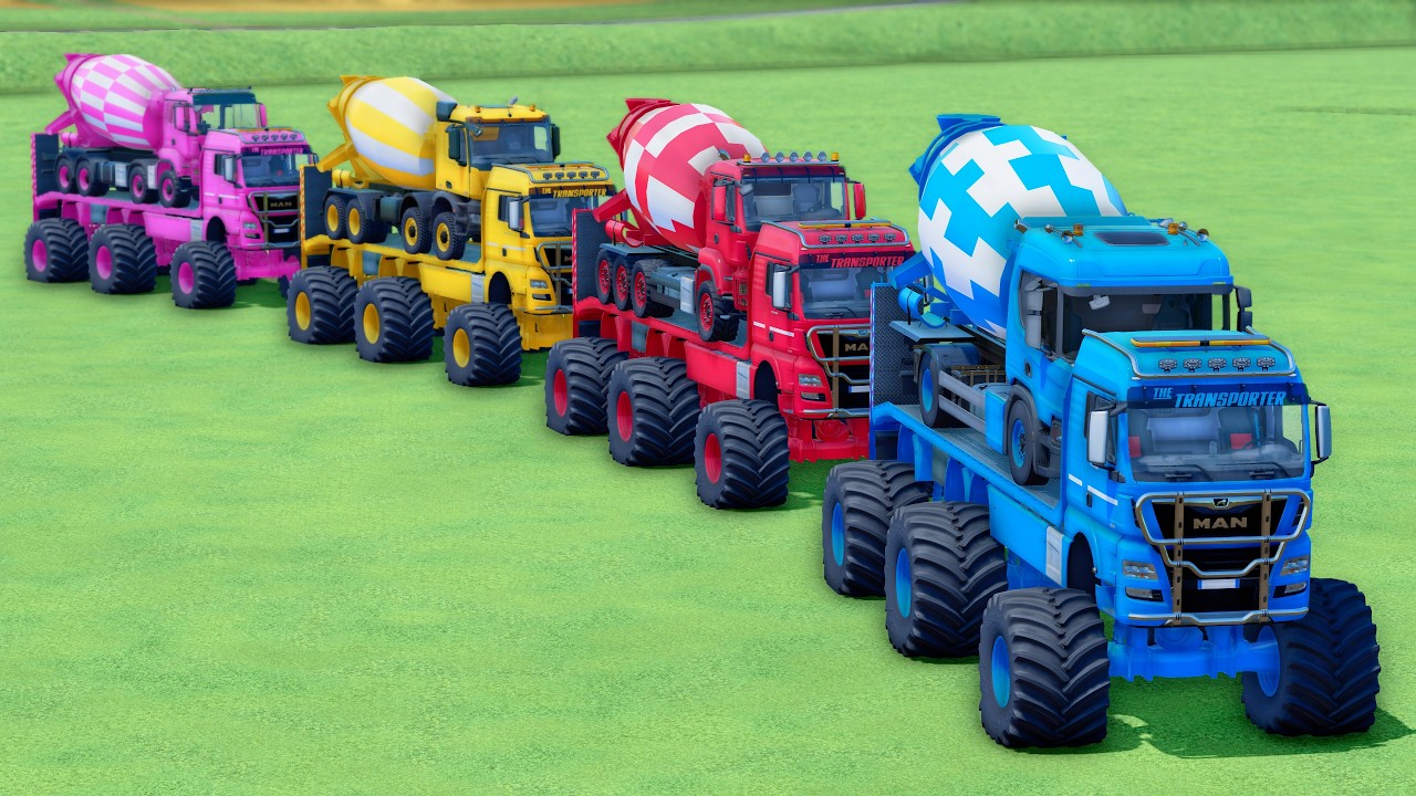MONSTER FLATBED TRUCK LONG CONVOY TRANSPORT OF COLORS! ALL  MIXER TRUCK, MAN, SCANIA, RENAULT - FS25