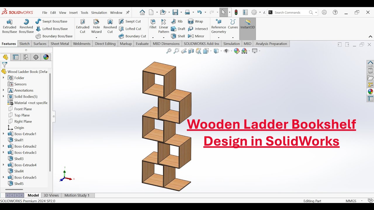 Wooden Ladder Bookshelf Design in SolidWorks | SolidWorks Furniture Design Tutorial