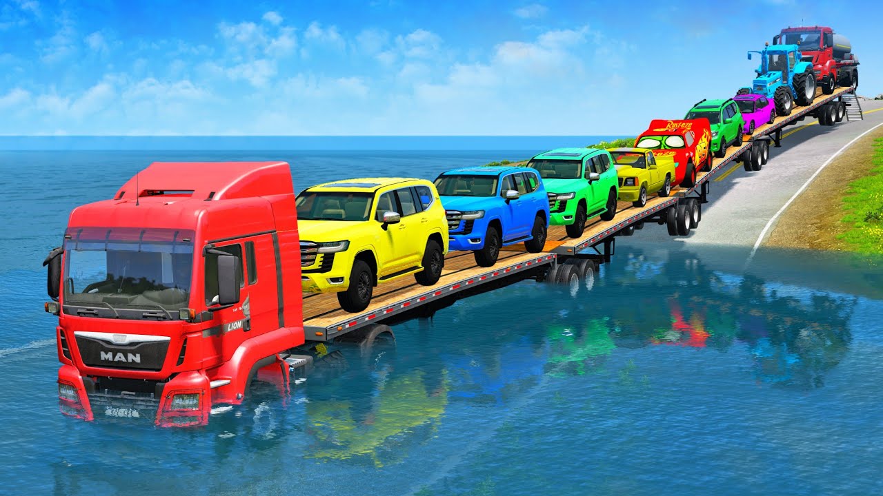 Flatbed Truck McQueen | Transportation with Truck - Pothole vs Car #45 | BeamNG.Drive Gameplay