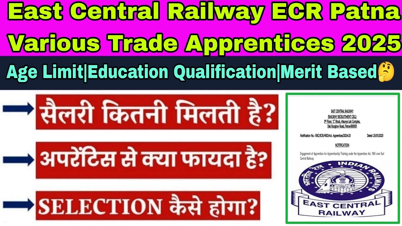 East Central Railway ECR Patna Various Trade Apprentices 2025|ECR Apprentices selection process