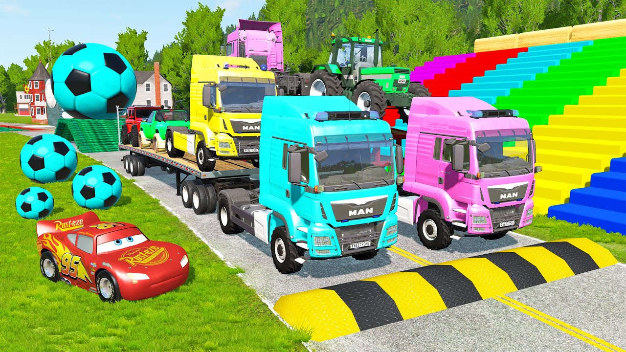 Triple Flatbed Trailer McQueen Transportation with Truck - Speedbumps vs Cars vs Train - BeamNG #38