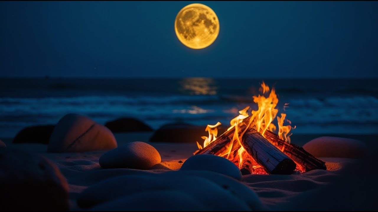 🔥 Peaceful Beach Campfire at Night with Full Moon Glow and Soothing Ocean Wave Sounds.