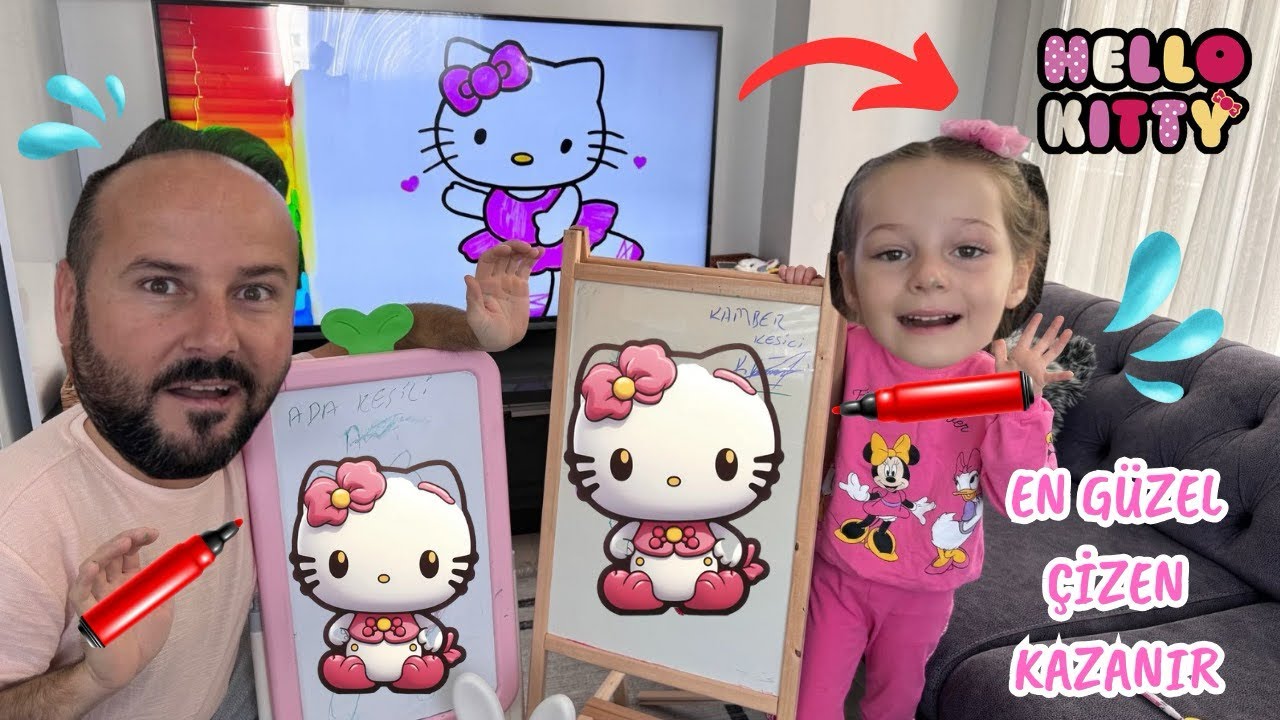 Kız Oyunları!EN GÜZEL HELLO KİTTY ÇİZEN KAZANIR!Baba&Kız Boyama Resim CHALLENGE #funny #challenge
