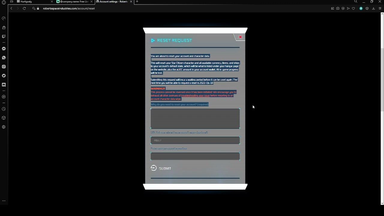 how to do a character reset on Star Citizen