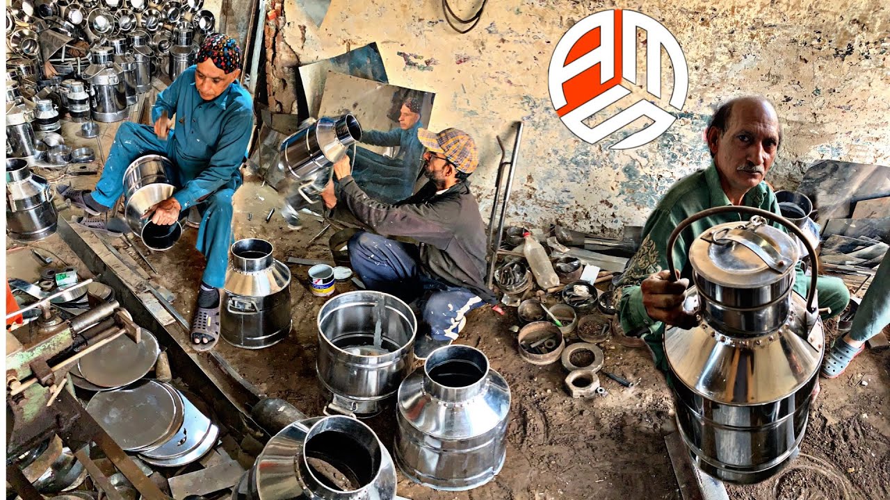Handmade stainless steel milk cans by an old man/wonderful hand making skills