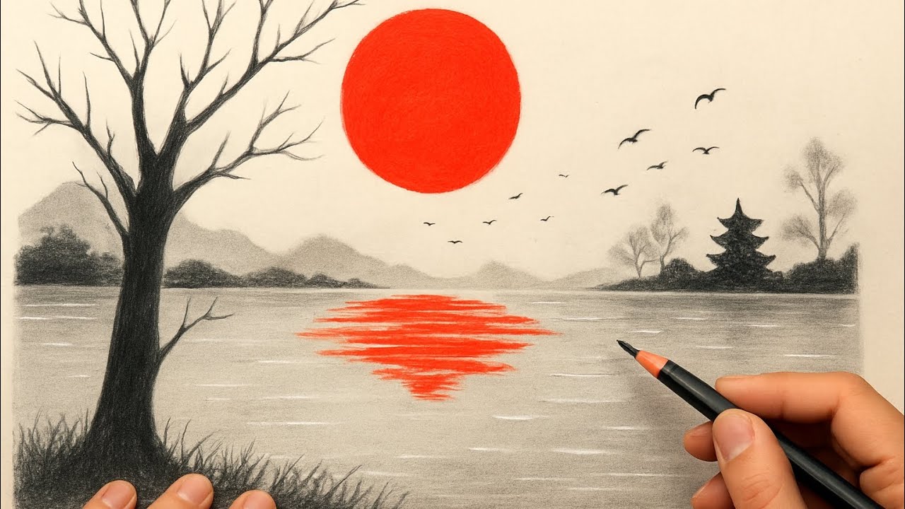 How to Draw a Serene Sunset Landscape with Pencil | Step by Step
