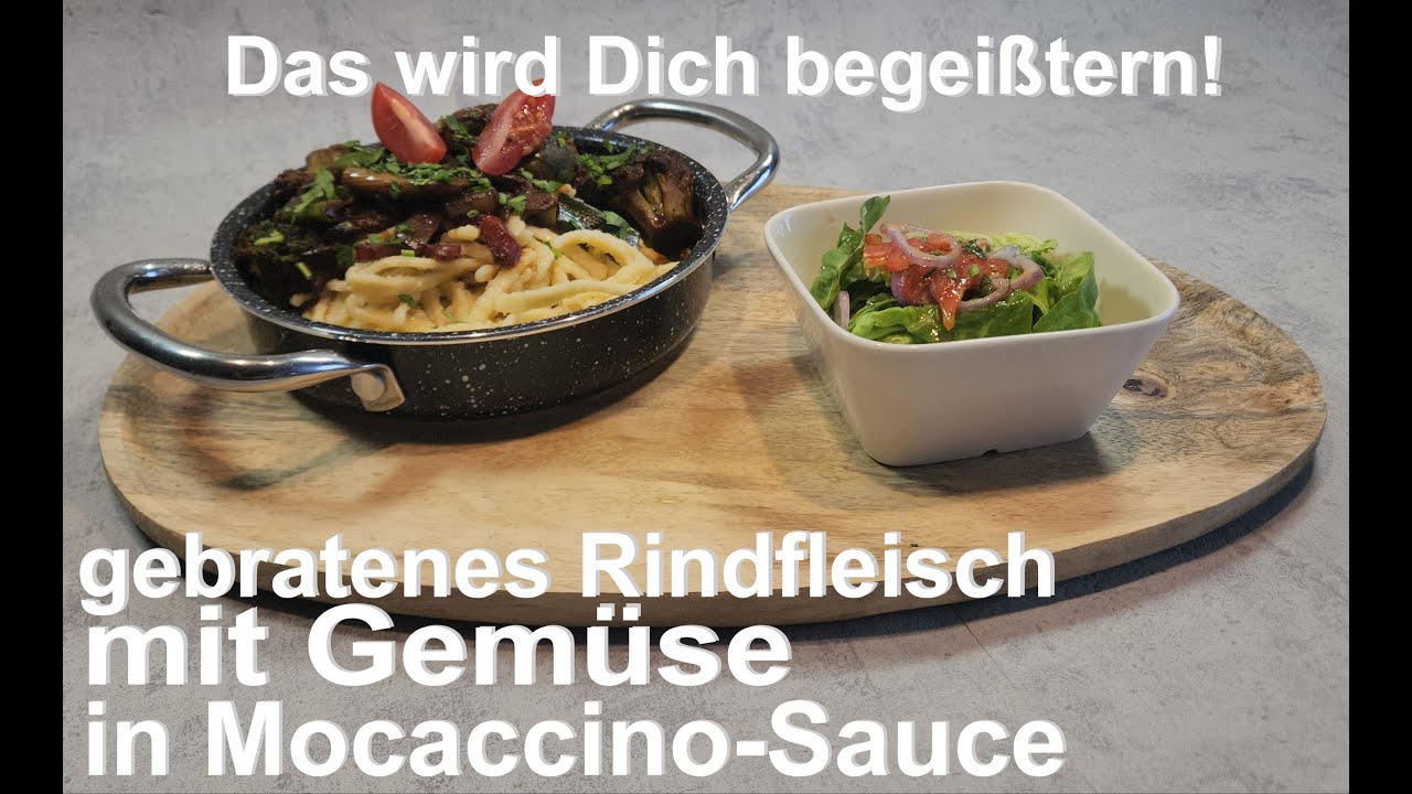 gebratenes Rindfleisch mit Gemüse in Mocaccino Sauce