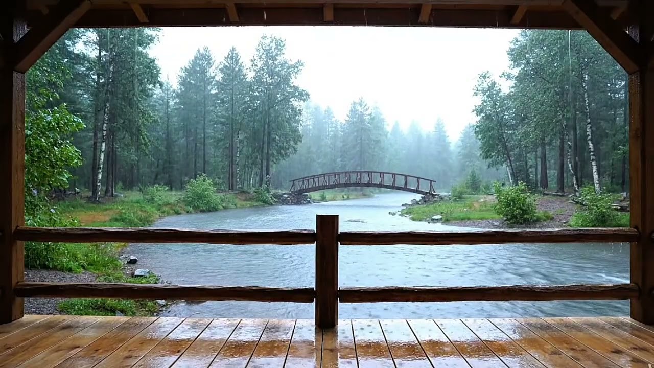 10 Hours of Rainy Forest River and Wooden Bridge Ambience for Deep Sleep and Relaxing Focus