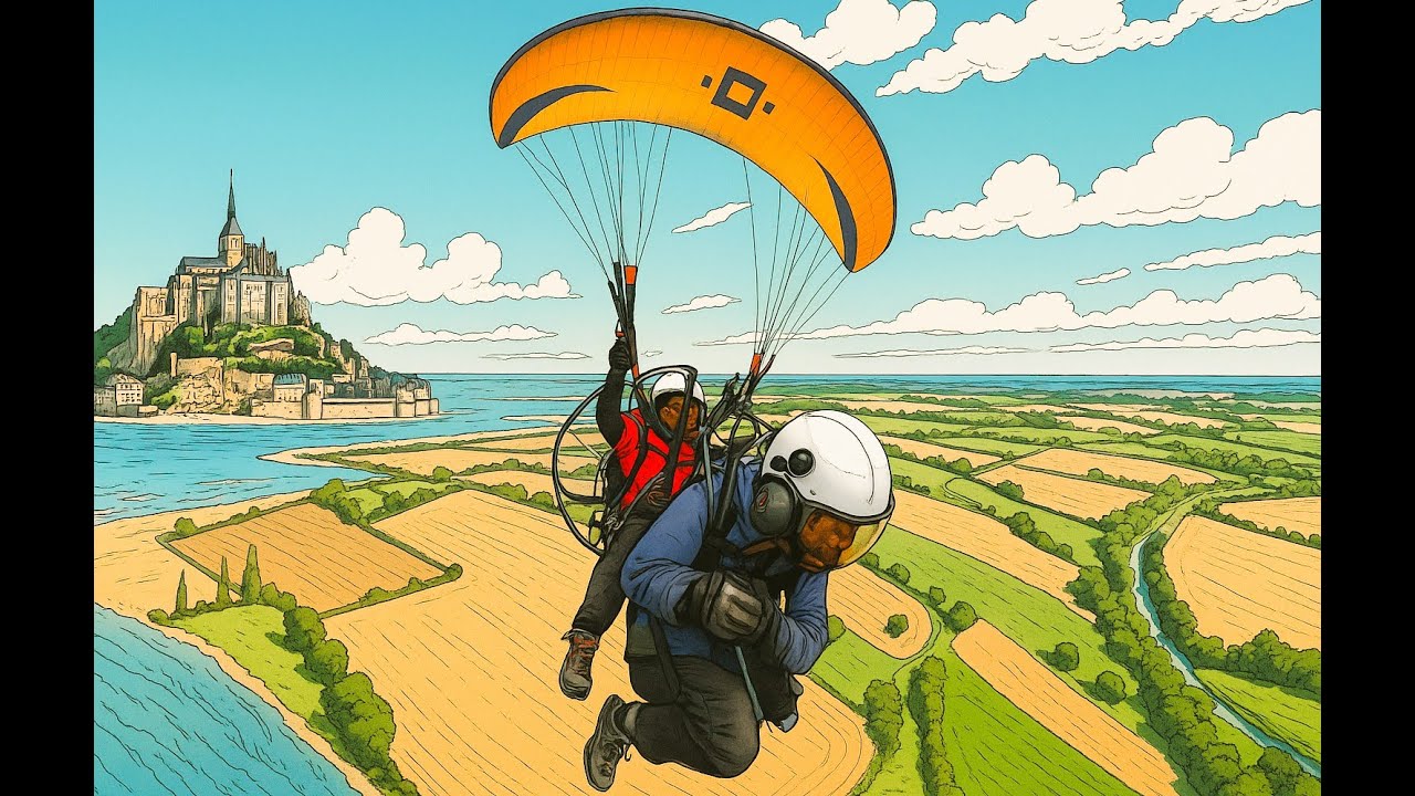 Vol tandem Paramoteur décollage à pieds - Mont St Michel