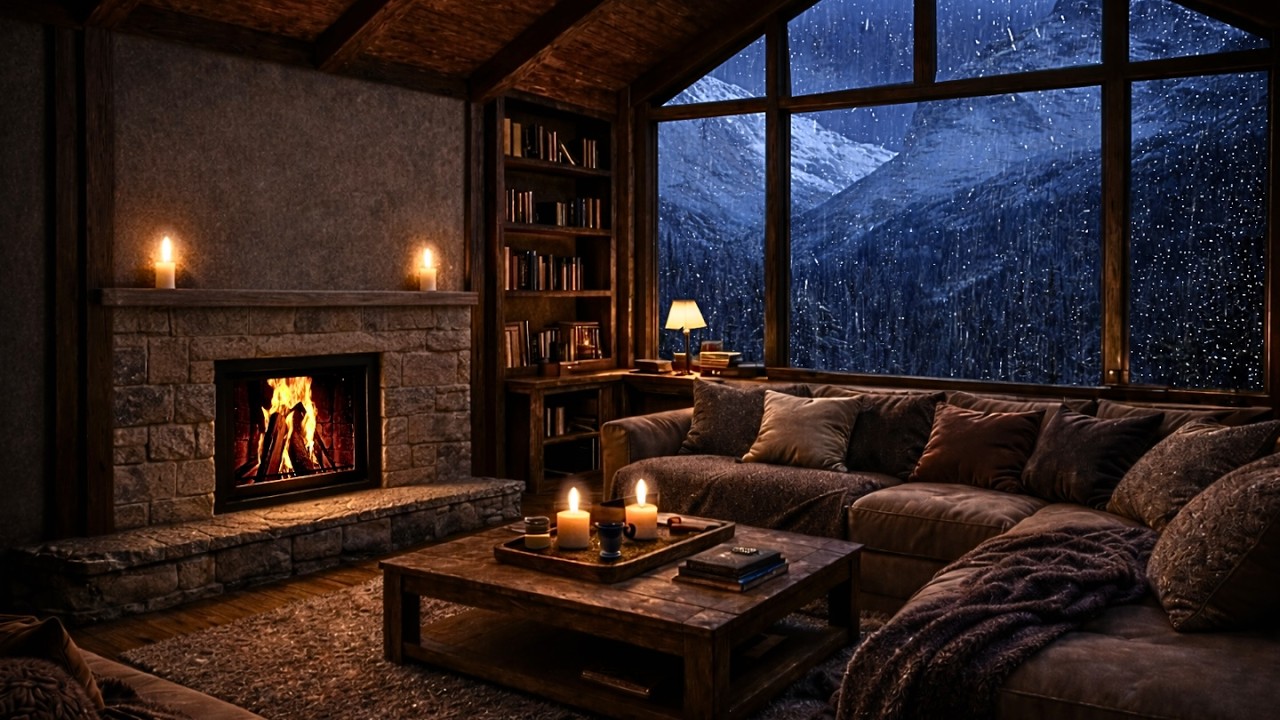 Rainy Night Cabin Fire 🔥🏔️ Cozy Winter Night with Crackling Fire & Snow View